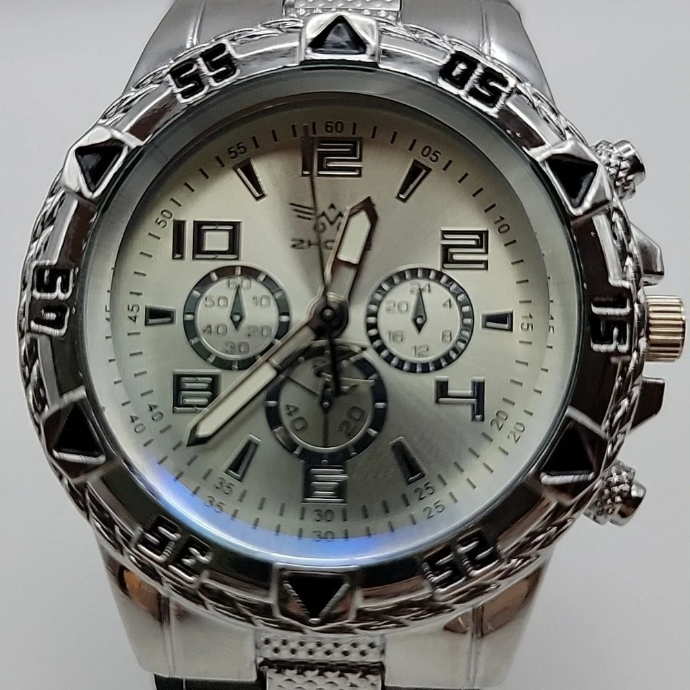 Silver Men’s 48mm Chronograph Style Quartz Watch - Silver Dial And 3 Link Band